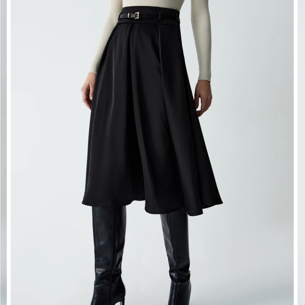 Commense Black Belted Midi Skirt